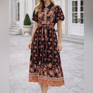 Entro Botanical Print Puff Sleeve Midi Dress in black Small